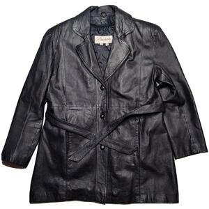 VTG DEERSKIN Women 12 Black Removable Lining Button Up Belted Leather Jacket